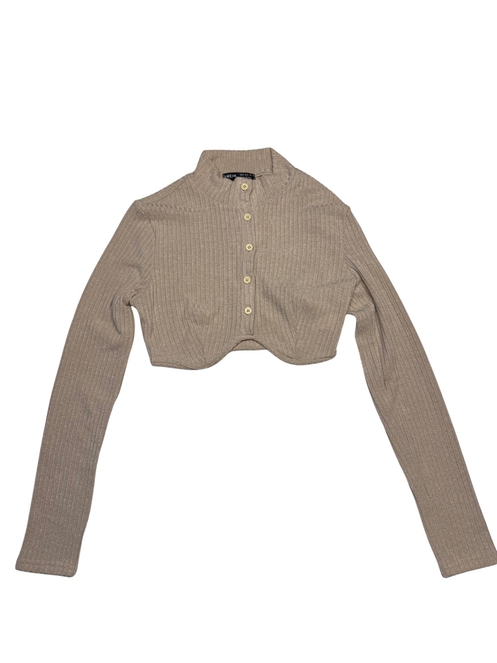 SHEIN Ribbed Cropped Button-Up Top in Taupe